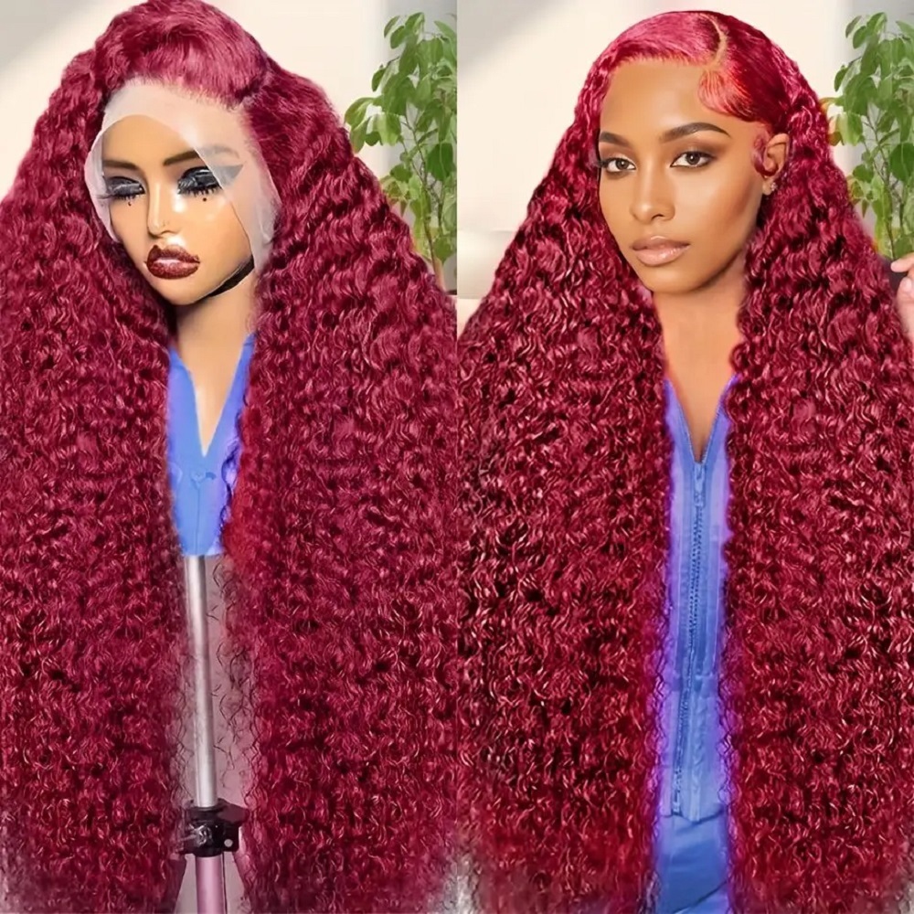 Lace Front Wigs - 200 Density Burgundy Deep Wave Human
