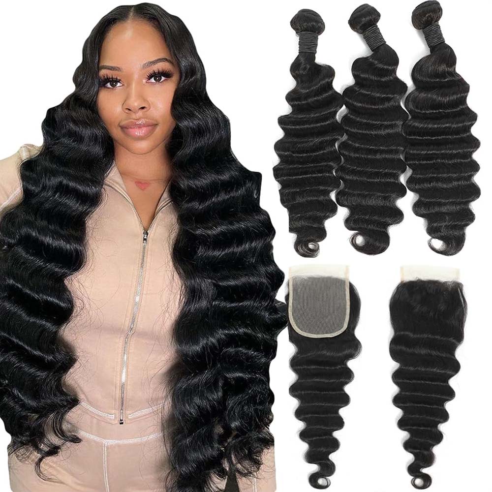 Raw Loose Deep Wave Human Hair - Deep Wave 3 Bundles With Closure recension och pris